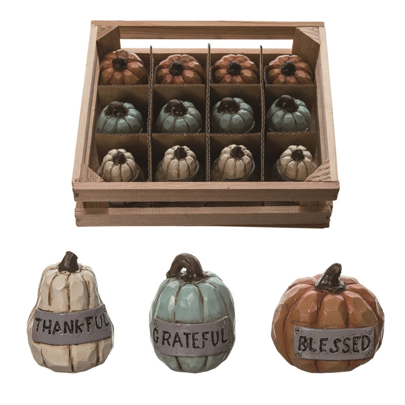  Resin 5.75 in. Multicolor Harvest Sentiment Pumpkins with Crate Set of 12