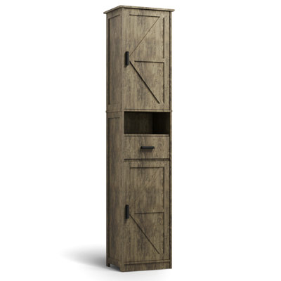 Armoire de rangement de 69 po de hauteur avec 2 portes de grange et 1 tiroir, unité de rangement étroite, tablettes réglables, armoire de plancher pour la salle de bain, le salon, le vestibule, la cuisine (gris)