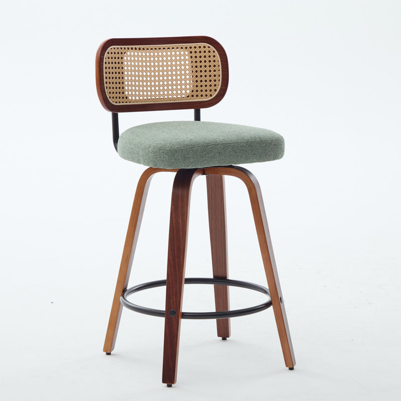 Set of 2 26-Inch Counter Height Bar Stools - Walnut Black, Cane Rattan Back, Light Green Linen Upholstered Seat, Swivel Design for Kitchen Island/Bar/Counter