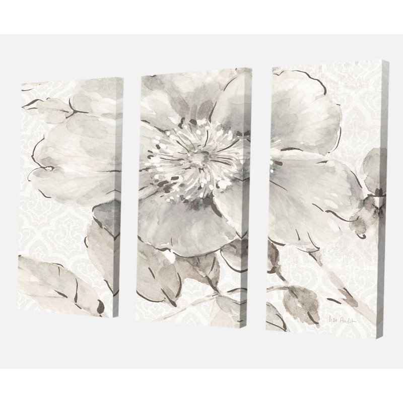 Campagne’indigold gris pivoines ii', reproduction d’image multi-pièces sur toile tendue, H 40 po x l 60 po x P 1 po