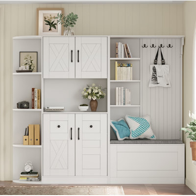Multifunctional Left-Right Combination Hall Cabinet (Can Be Used Separately) With Storage And 4 Hooks, Storage Cabinet/ Hall Tree 2 In 1 For Living Room, Kitchen And Hallway, White