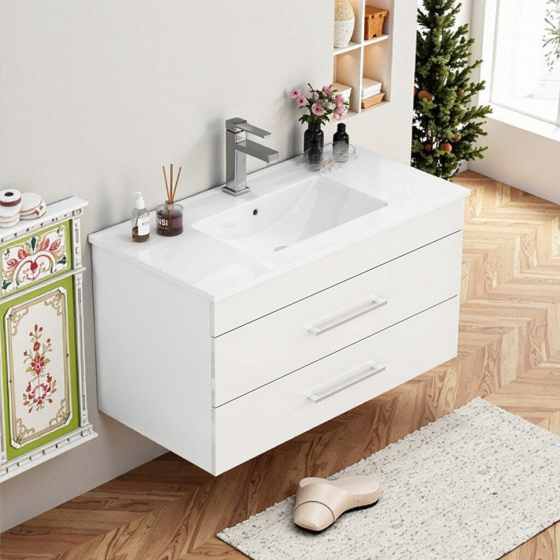 Meuble-lavabo mural de 36 pouces avec tiroirs doubles, système de fermeture en douceur, lavabo en céramique intégré et poignée en métal