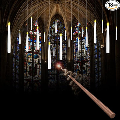 18 bougies flottantes avec baguette, décorations magiques, bougies suspendues magiques, bougies de fenêtre à piles avec télécommande, bougies scintillantes à DEL sans flamme pour décoration de fête à thème, cadeau