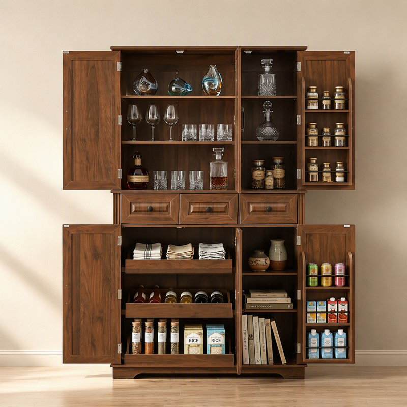 Armoire de cuisine de style champêtre de 183 cm de hauteur avec 3 plateaux coulissants et 6 tablettes de porte pour un rangement et une organisation efficaces