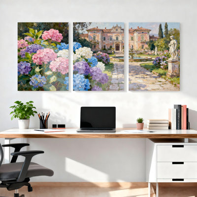 Hydrangea Garden Villa, reproduction d'art sur toile tendue sur toile, ensemble de 3