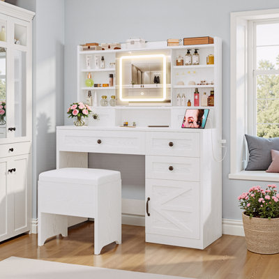 Makeup Vanity With Led Sliding Mirror & Charging Station, Large Vanity Desk With 5 Drawers, 11 Shelves, Cabinet, Storage Stool, Dresser Table For Bedroom, White