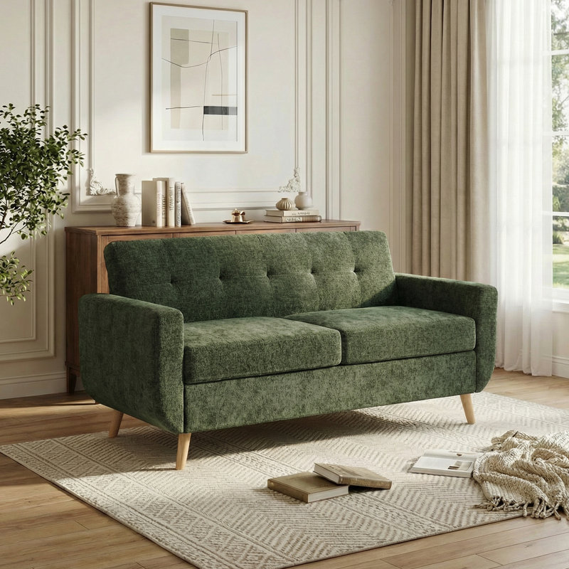 66" Square Arm Loveseat, Mid-Century Modern Chenille Couch with Reinforced Iron Frame for Living Room, Easy Assembly