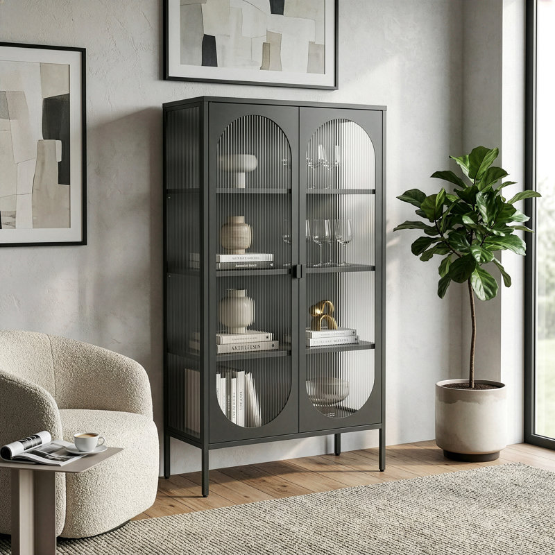 Benoît 70.87-inch Black Two Door Metal Storage Cabinet with Fluted Clear Doors