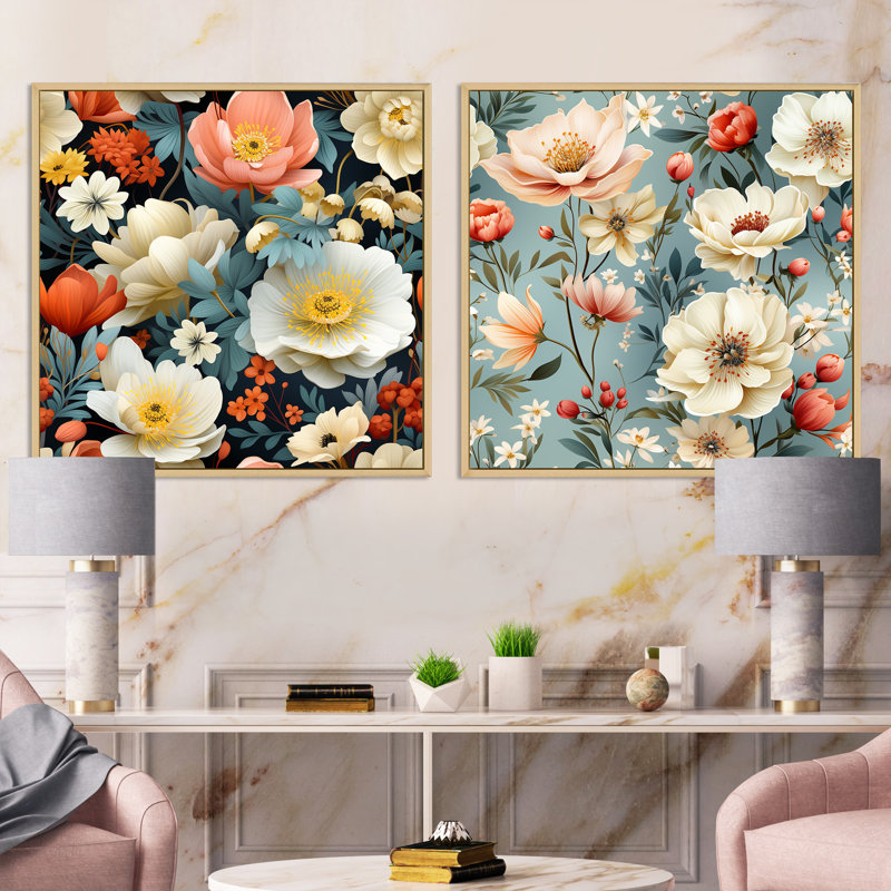 Randel - Ensemble de 2 collages carrés floraux, H 16 po x l 33 po, Cadre flottant brun