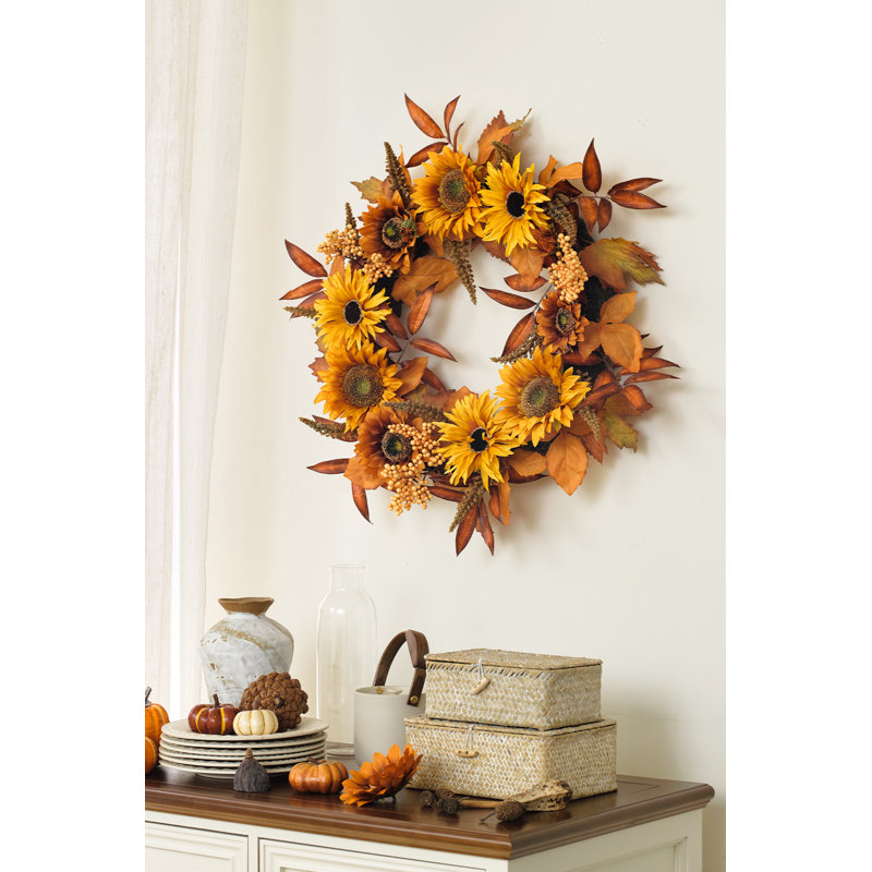 22" Artificial Orange Sunflower Wreath 