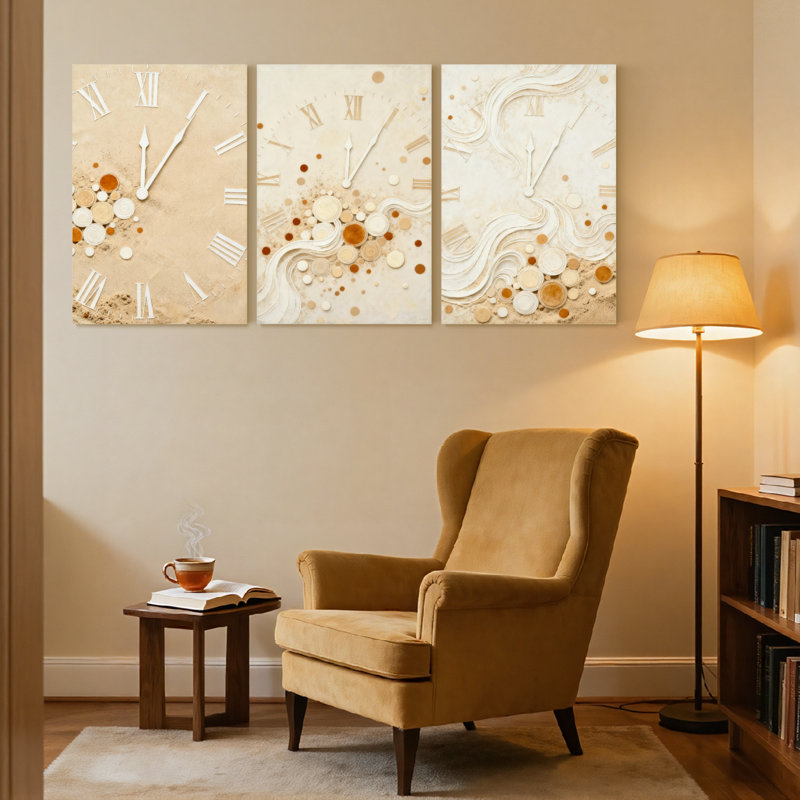 Horloge abstraite abstraite avec chiffres romains, ensemble de 3 impressions sur toile, H 18 po x l 36 po