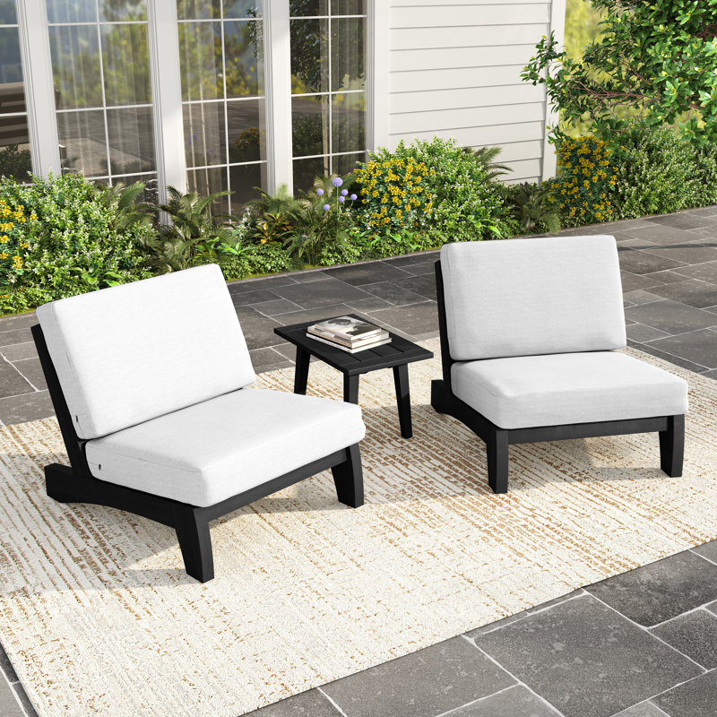 Polett Outdoor Conversation Set Solid Wood Group With Armless Chair And Side Table, Beige, Black
