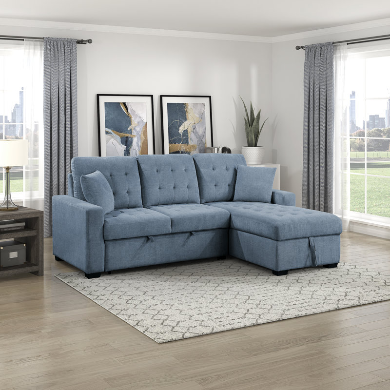 Eleen 2-Piece Sectional Sofa Sleeper with Hidden Storage, Blue Fabric, Right Hand Facing