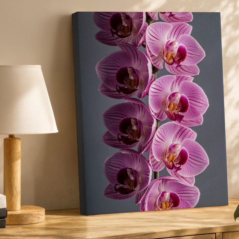 Toile, un arrangement rapproché d'orchidées roses délicates en cascade verticale, mettant en valeur leurs structures de pétales complexes et art mural sur toile