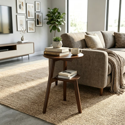 Mid-Century Modern 2-Tier Solid Wood Round Side Table with Storage Shelf – Small Accent End Table & Bedside Nightstand for Living Room, Bedroom, Small Spaces