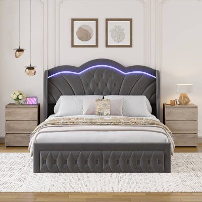ON SALE 3-Piece Bedroom Sets, Velvet Upholstered Wingback Bed With LED Headboard And Storage Drawers, 2 3-Drawer Nightstands With Charging Port