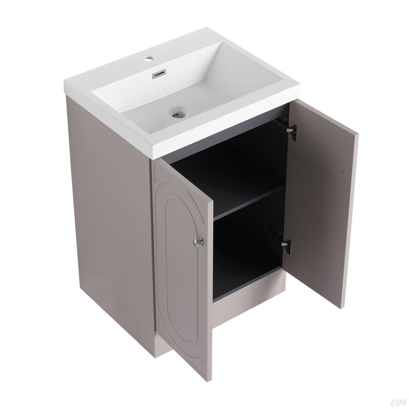 Meuble-lavabo autoportant avec lavabo en résine blanche et 2 portes d'armoire à fermeture en douceur (emballage KD), Kaki