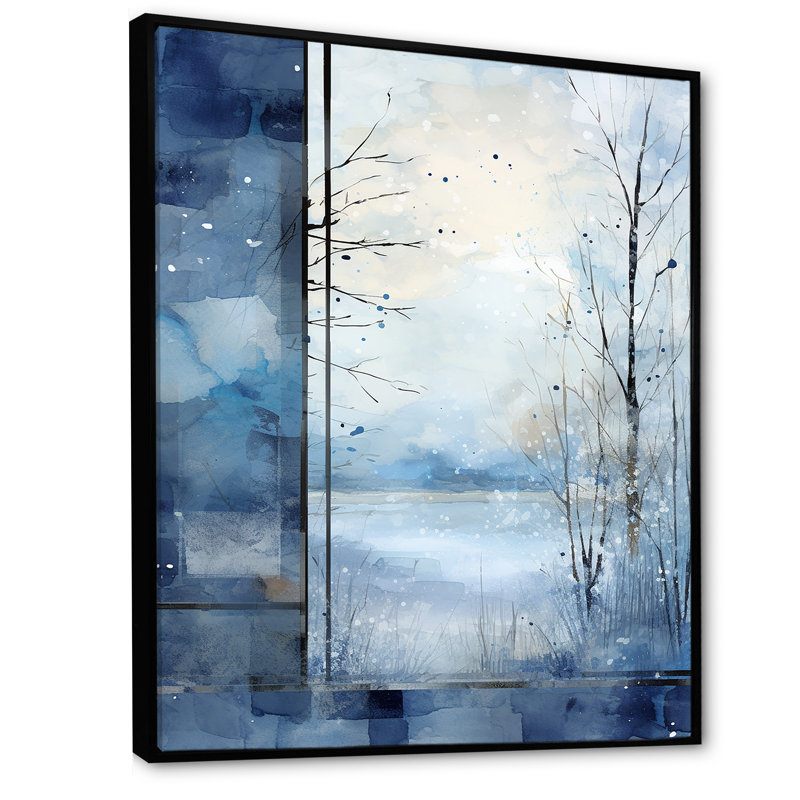 «White and Blue Winter Forest Collage VI», art mural paysage d'hiver, Cadre flottant noir, H 32 po x l 24 po x P 1 po