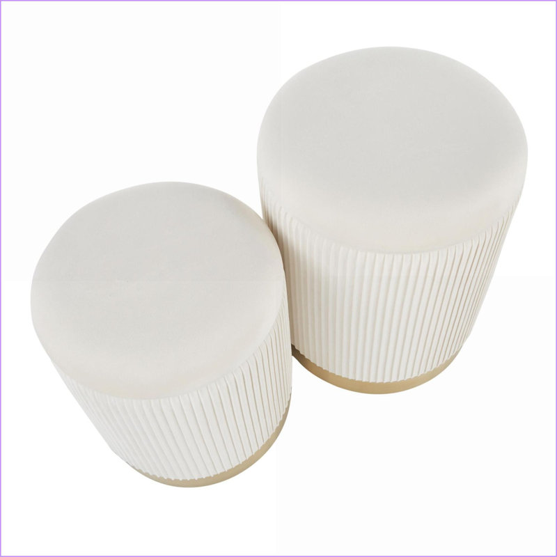 2-Piece Nesting Ottoman Set, Cream Velvet with Gold Metal Base | Contemporary | Gold | Metal, Cream