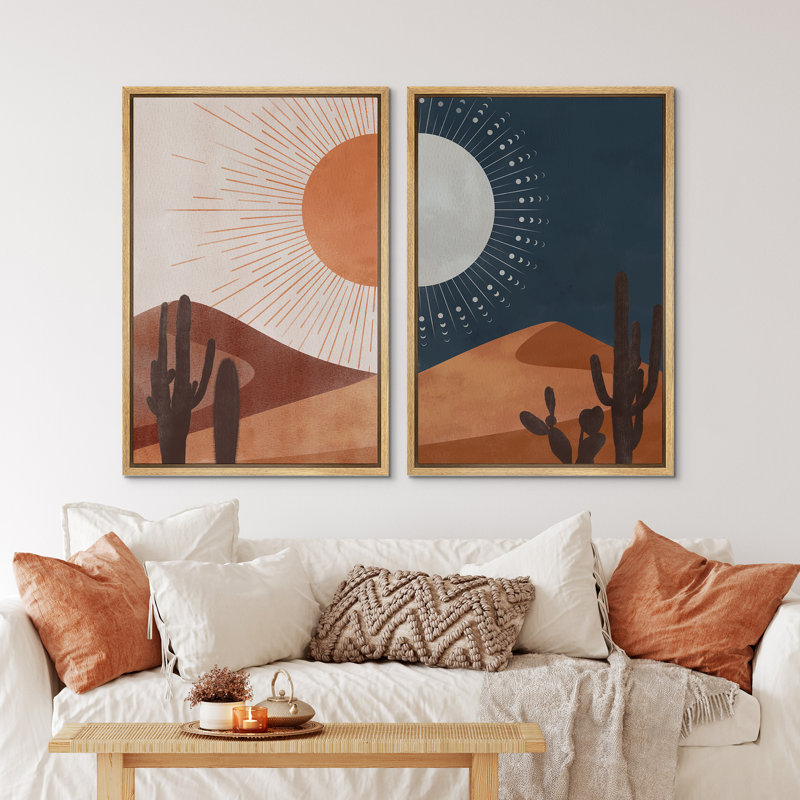 "Sun and Moon Day and Night Orange Desert Landscape", reproduction d'art sur toile encadrée 2 pièces, Naturel