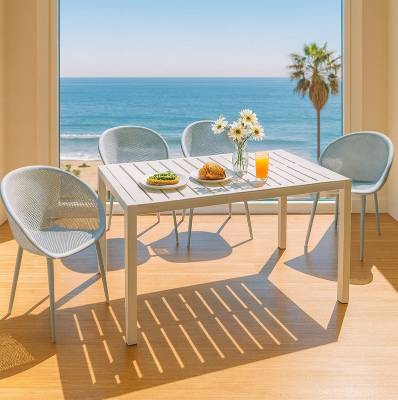 4-Pack Light Blue Modern Lounge Chairs – Indoor/Outdoor All-Weather PP Plastic with 55 Inch White Modern Long Table - Indoor/Outdoor- Lightweight PP Tabletop with Metal
