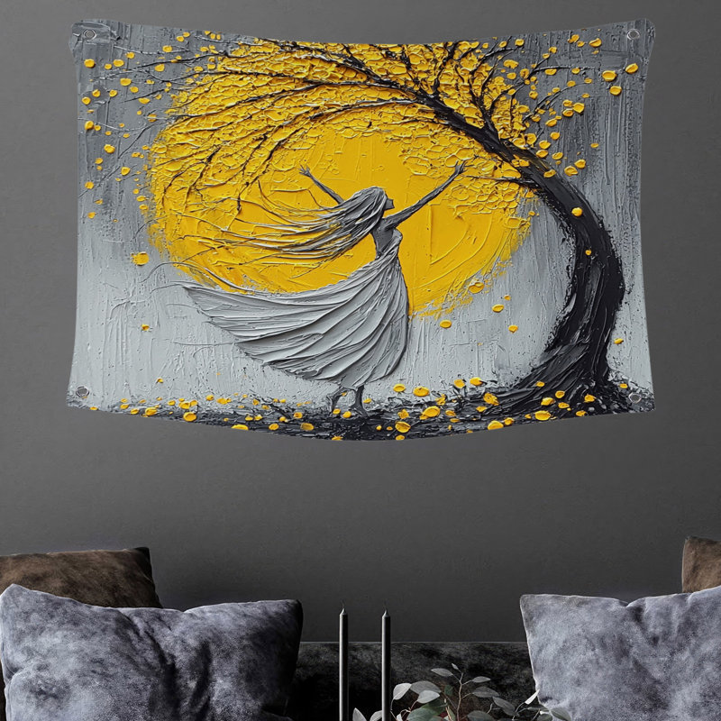 Tapisserie murale arbre jaune - Décoration murale nature, H 88 po x l 104 po