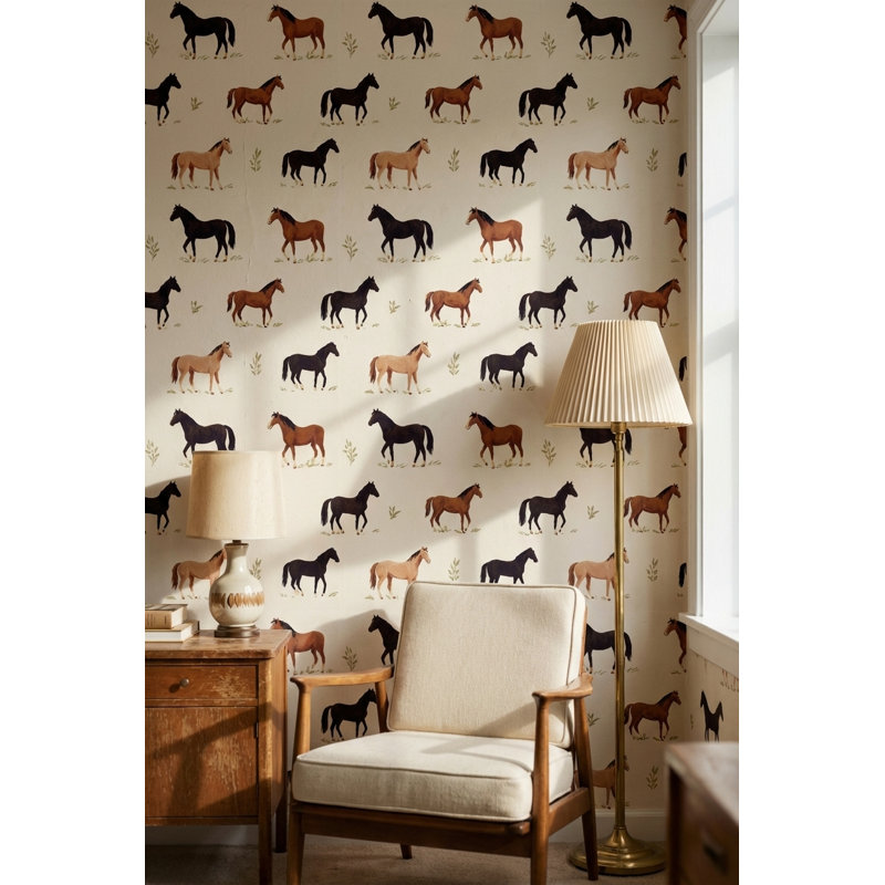 Papier peint vintage à motifs de chevaux, beige rustique. Fresque murale., Non-Woven Non-Pasted