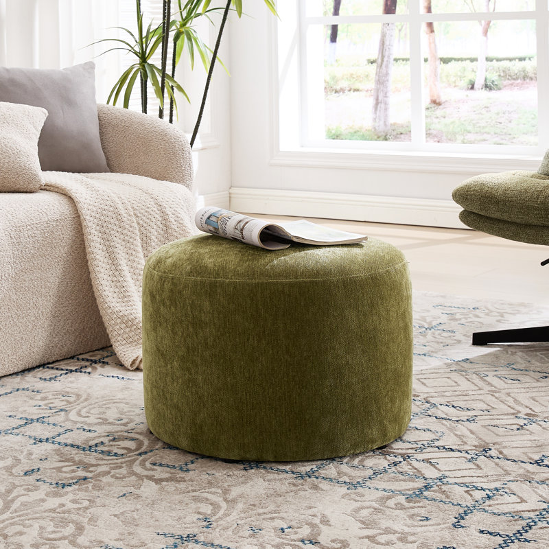 Anease 22.6" Modern Round Upholstered Pouf Ottoman, Green Chenille