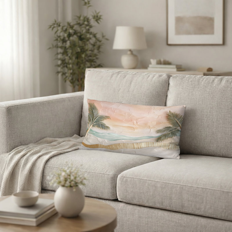 Coussin Palms Leaves Collage Horizon At The Beach, H 12 po x l 20 po