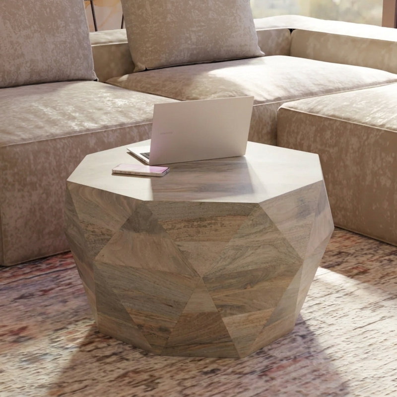 Solid Wood Round Modern Coffee Table – 29.5″ W Drum Design, Natural Finish, Coffee Table for Living Room, Natural