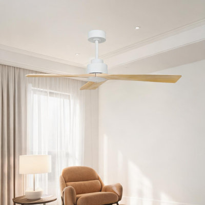 Ventilateur de plafond avec bois naturel, métal et bois, commande à distance et circulation d'air saisonnière, moteur à courant continu