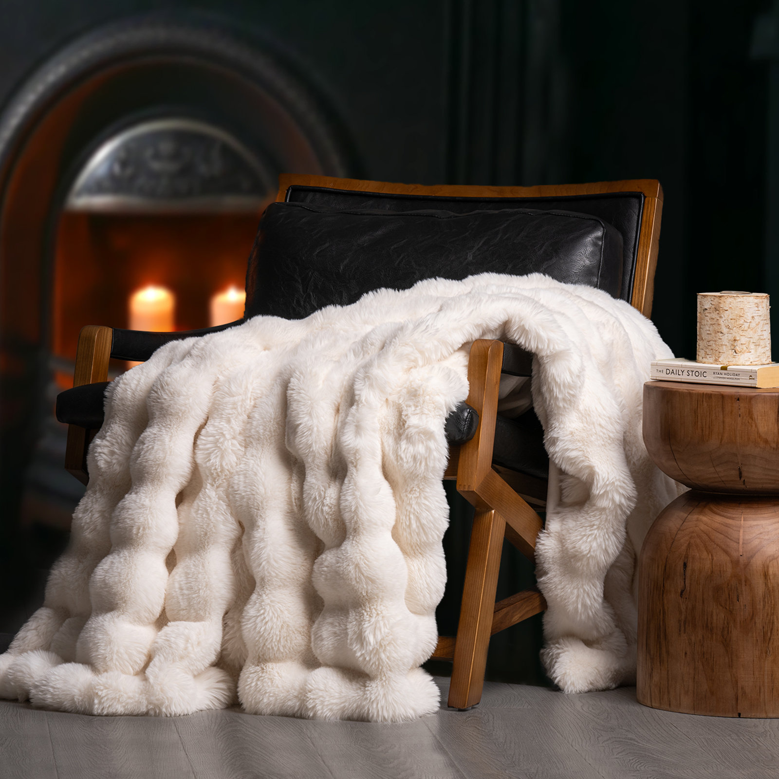 Faux Fur Weighted Throw Blanket, Ivory White, 80" L x 60" W