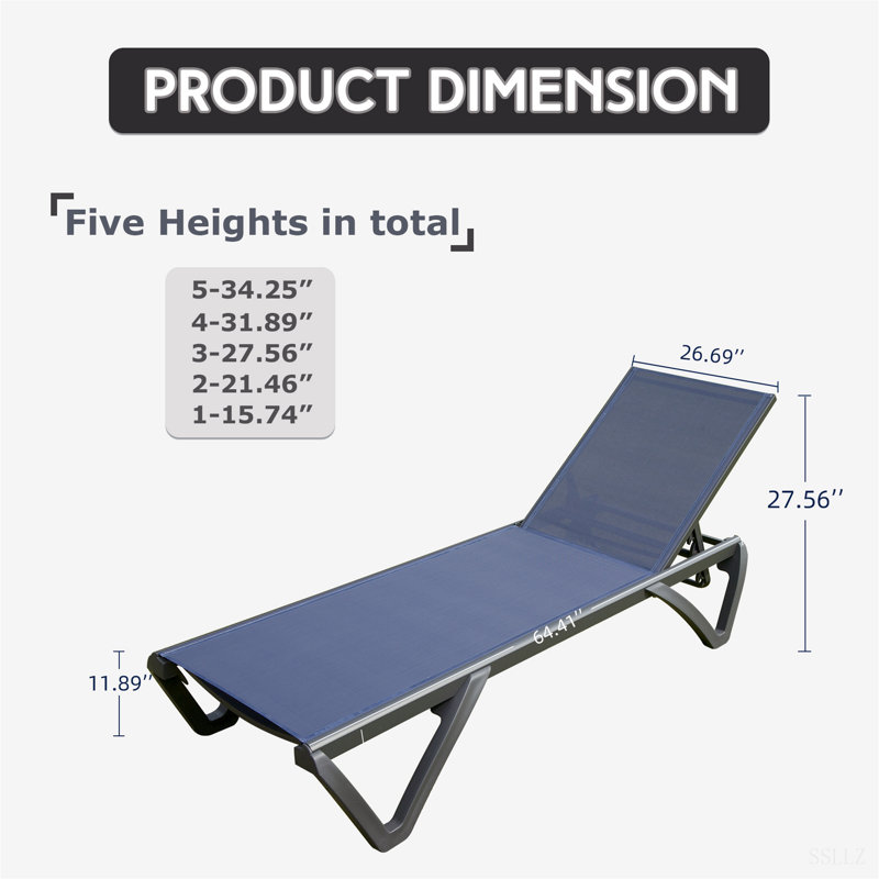 Outdoor Lounge Chair, 2 Pieces Aluminum Plastic Patio Chaise Lounge With 5 Position Adjustable Backrest And Wheels, All Weather Reclining Chair For Patio, Navy Blue