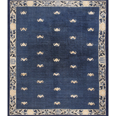Blue Antique 1880s Allover Geometric Hand Knotted Pile Wool Rectangle Rug