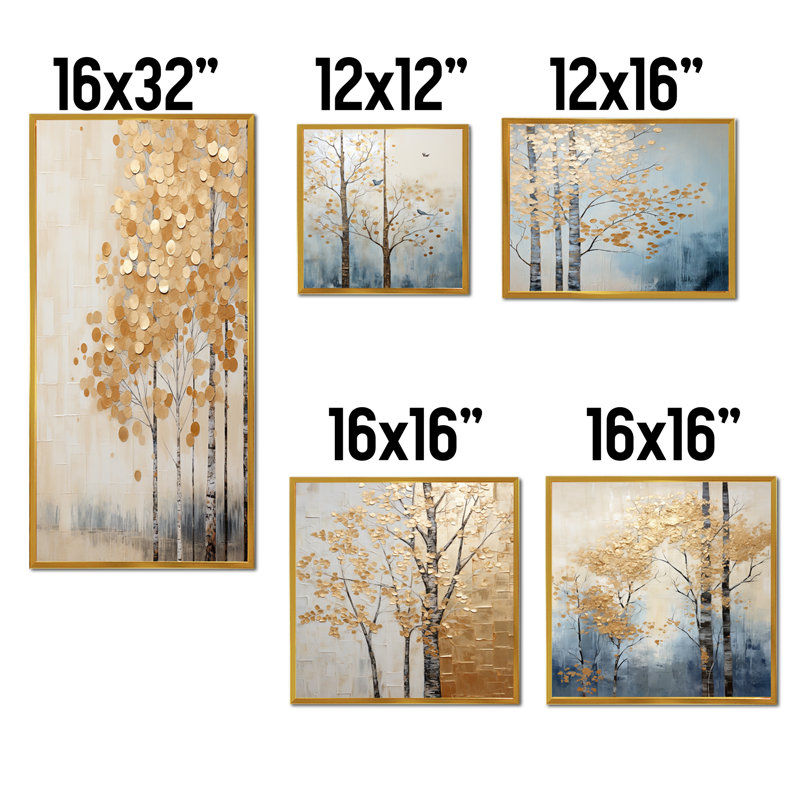 Minimalisme Golden Trees Harmony III - Ensemble de 5 reproductions d'art mural Trees, Cadre flottant doré