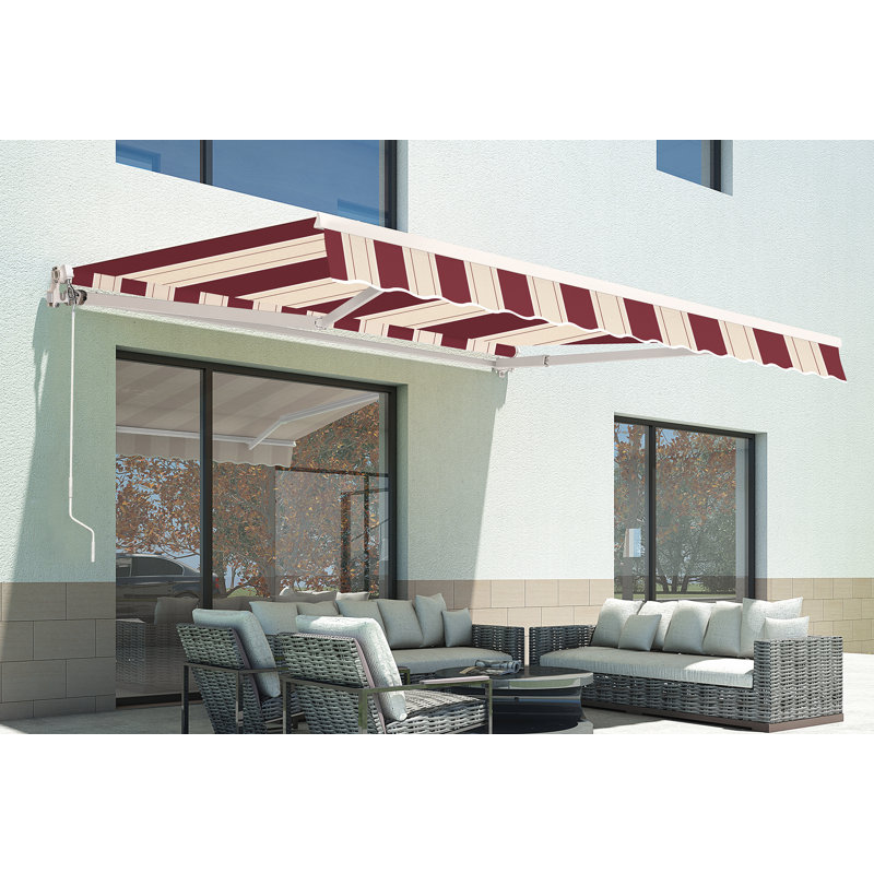 Manual Retraction Slope Patio Awning, Red/Beige, Striped