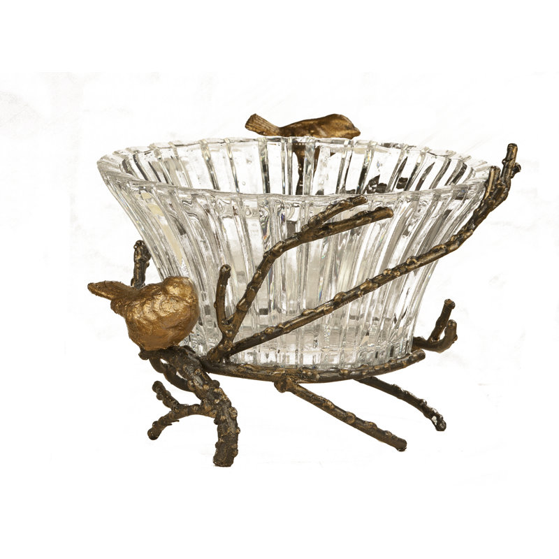 Branche d’oiseau bronze et bol en cristal