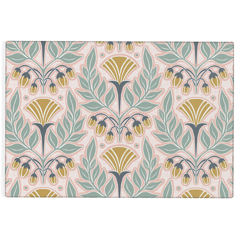 Tapis d'extérieur rectangulaire en polyester / chenille tissé à plat à motif floral vert Talamantes, Rectangle 8 pi x 10 pi