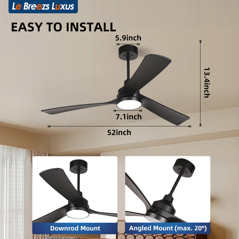  Ceiling Fans with Lights 52 Inch, Quiet 3CCT Modern LED Ceiling Fans with Remote for Bedroom, Living Room, Kitchen, 6 Speeds, Reversible DC Motor, Timer, Memory, Black