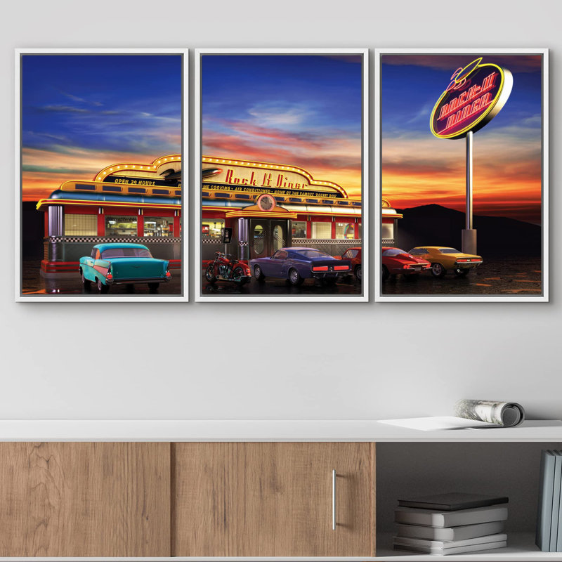 «Architecture American Retro Diner at Dusk», ensemble de 3 pièces, H 24 po x l 48 po, Cadre blanc