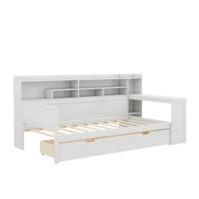 Twin-Size Wooden Daybed Featuring Integrated Storage Shelves, A Versatile Design With Dual Drawers And An Attached Study Desk