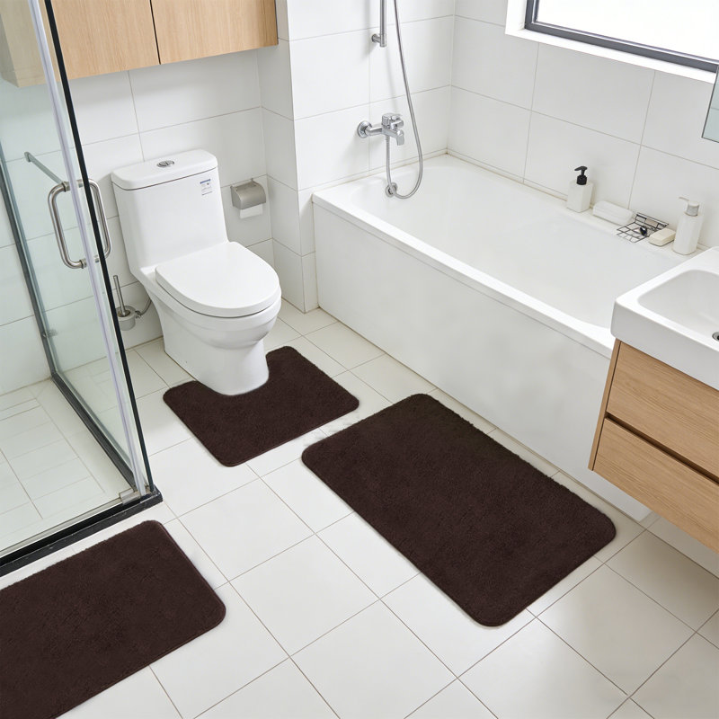 Ensemble de tapis de salle de bain en microfibre absorbante 3 pièces, tapis de douche antidérapant et tapis de toilette contour, café