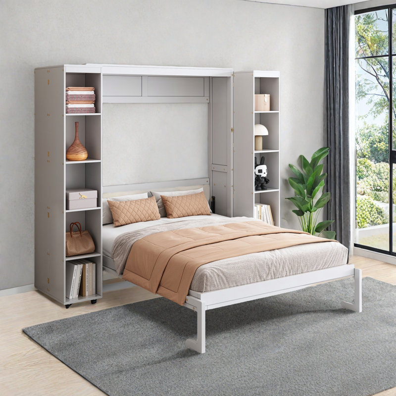 Murphy Bed With Foldable Bookcase, White