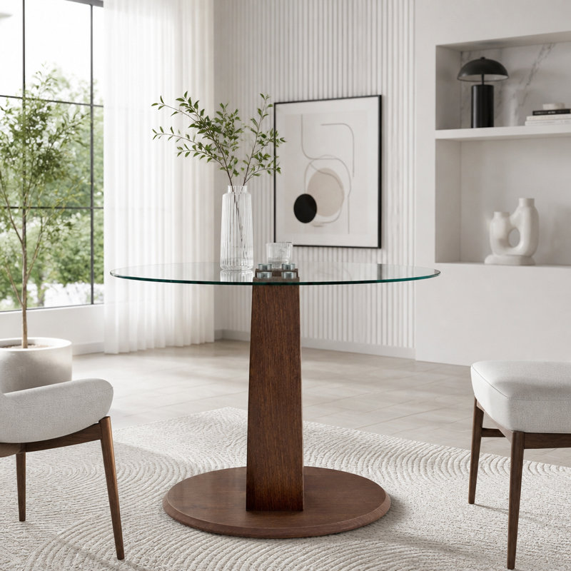 2-in-1 Modern Round Glass Dining Table, 39" Pedestal Kitchen Table with Adjustable Curved Wood Base, 4 Person Space Saving Dining Room Table