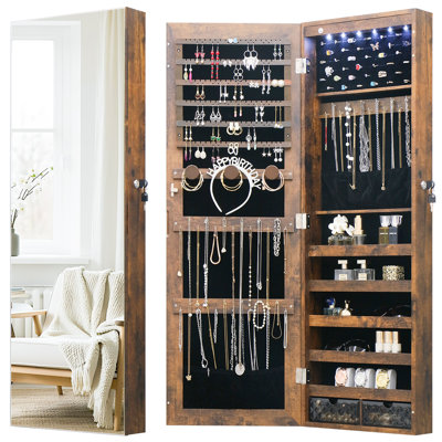 Armoire à bijoux de 14,5 po de largeur avec miroir pleine longueur sans cadre et DEL