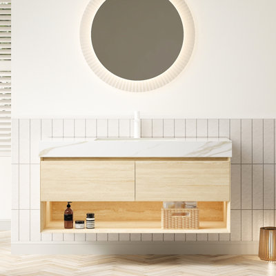 Meuble-lavabo flottant en contreplaqué de 48 pouces avec surface en pierre frittée épaisse, lavabo encastré en céramique, tiroirs, tablette et système d'éclairage à capteur, comptoir