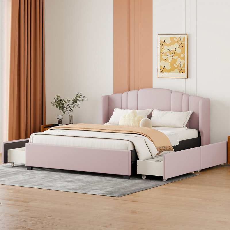 Aretin Upholstered Wingback Bed and 4 Drawers,Storage Bed,Platform Bed,Bed Frame, Pink