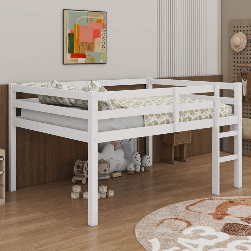 Lit mezzanine double en bois d'hévéa avec échelle, Blanc