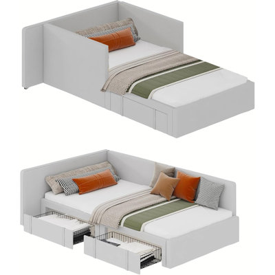 Twin Daybed with Storage Drawers, Velvet Upholstered Corner Bed, Kids Bedroom, Grey
