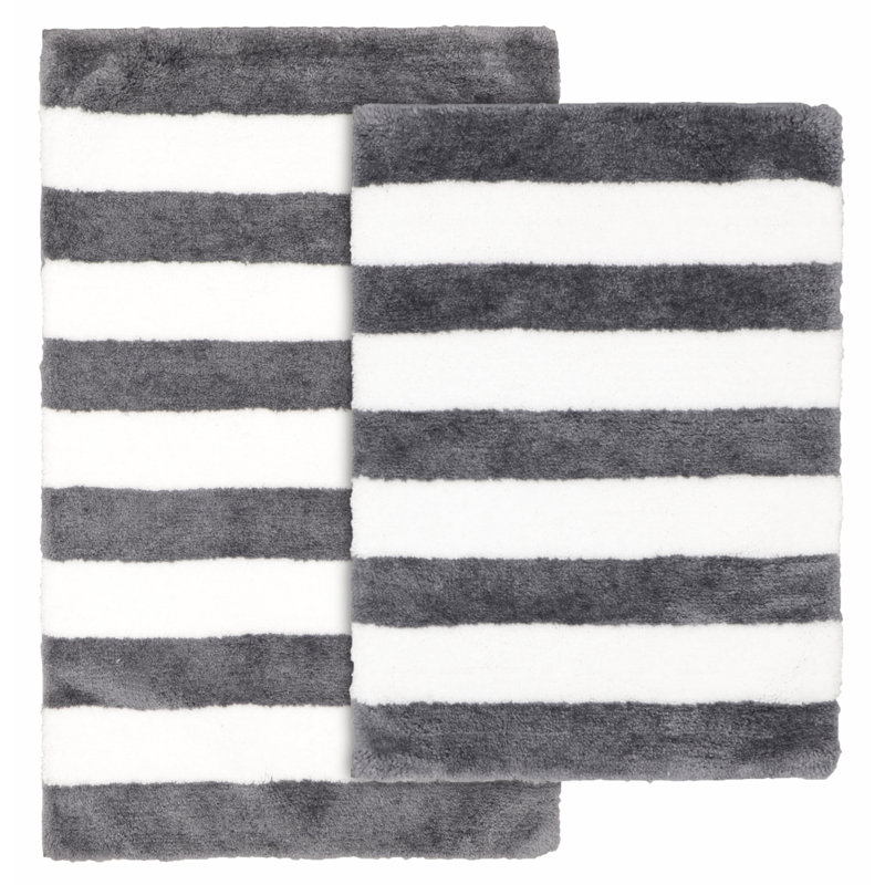 Ronning Beach Stripe Nylon and Polyester 2 Piece Bath Rug Set with Non-Slip Backing, Gray